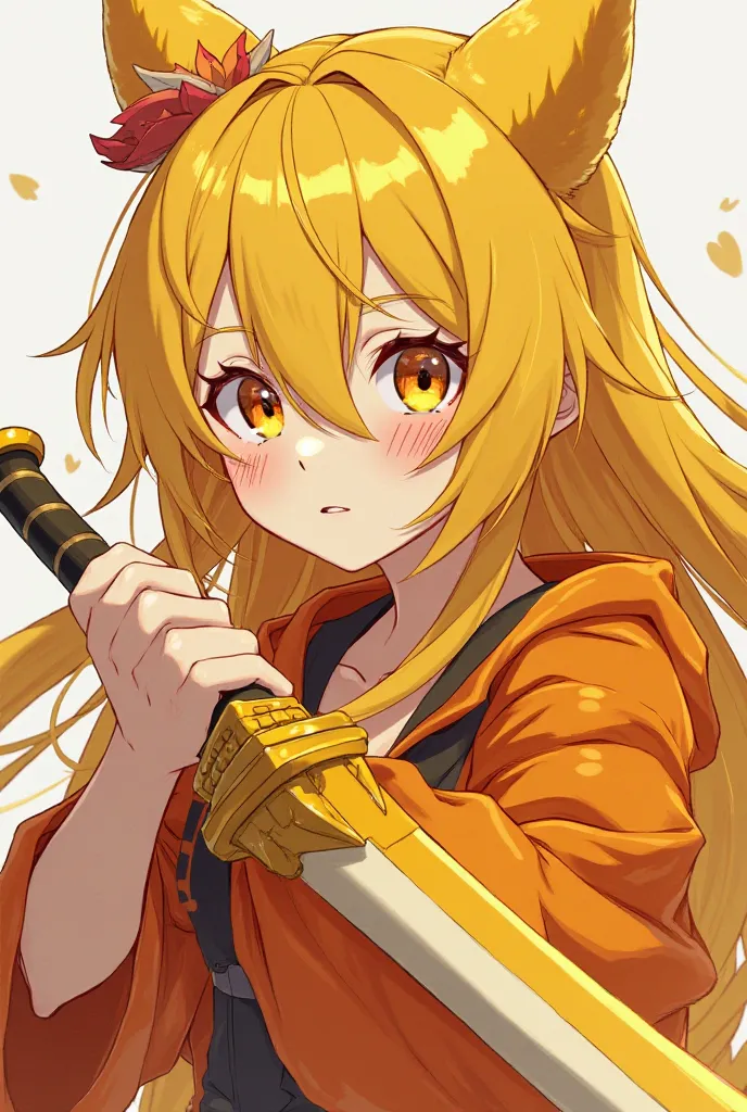  Demon Slayer ，There is an anime character who has a cheerful and optimistic personality，The yellow hair cover split the head，The sword is excessively orange-yellow，Masculine，There is a nice pattern on the side of the face，But the pattern is painted flat