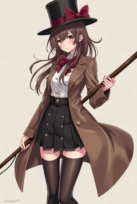 Lean woman with brown hair a burgundy bow on her hair. Black top hat and holding a long wooden stick. Brown long coat short black skirt with a tight button blouse and boots with thigh length stockings. Anime style Japanese 