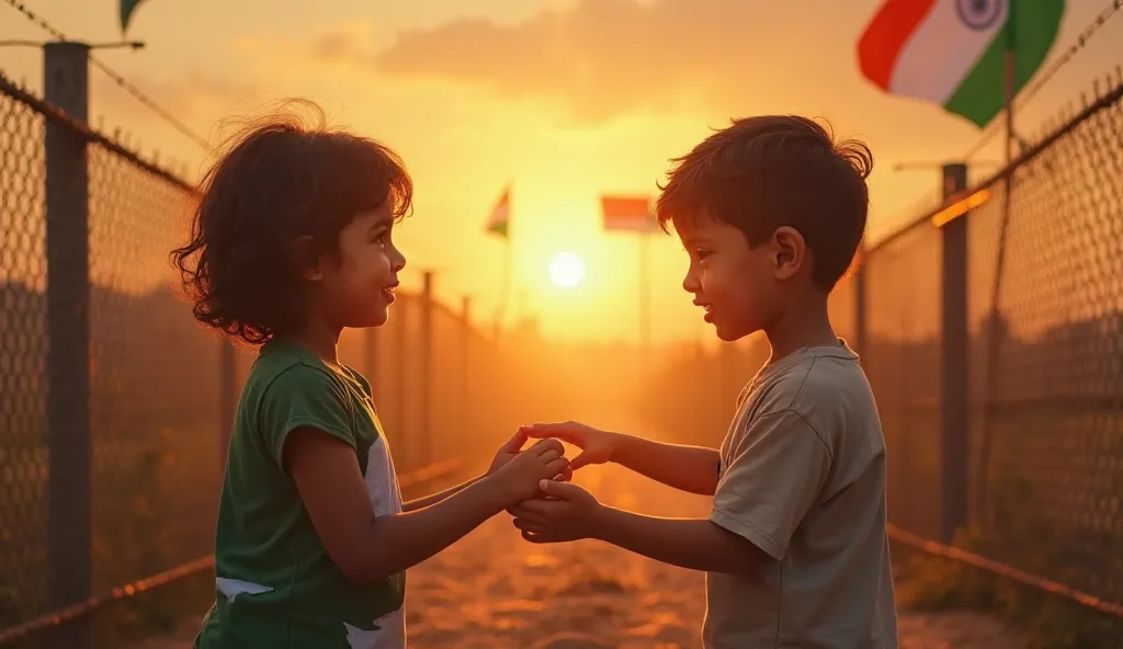 
"Create an emotional and thought-provoking scene where two ren, one from Pakistan and one from India, stand on opposite sides of a border fence. Their faces reflect innocence, curiosity, and a longing for friendship. They reach out their hands towards eac...