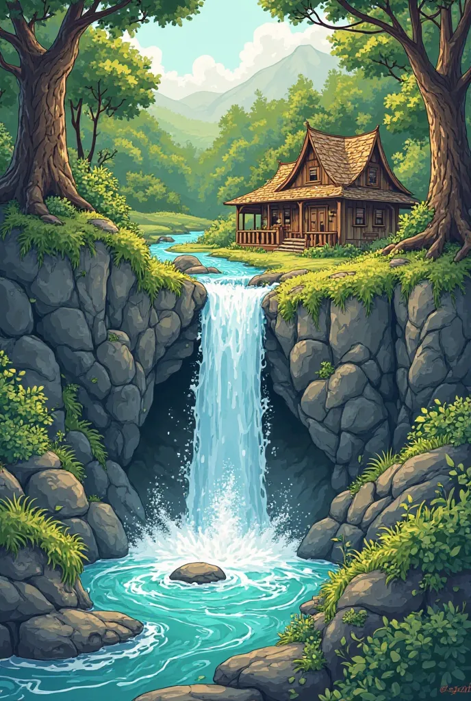 Doodle draw of hidden falls with a small house