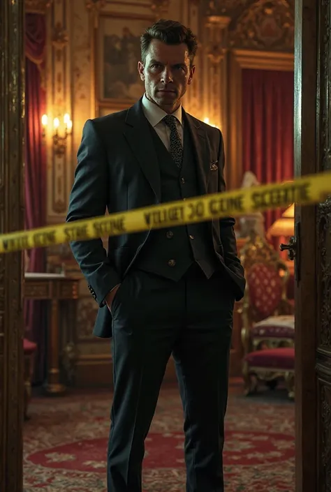 A luxuriously looking investigator has a body with a little blood in an ancient and expensive house surrounded by a yellow sticker