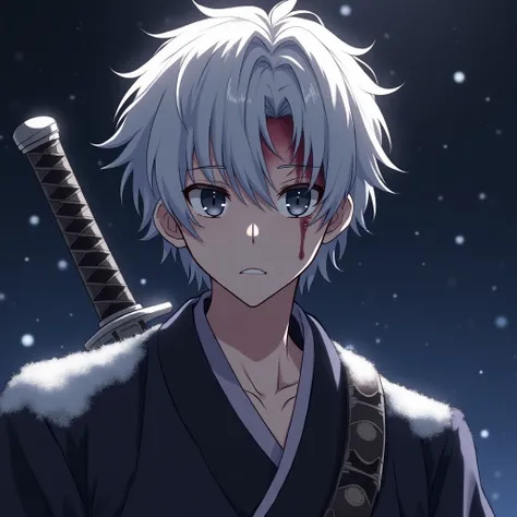 Anime adult male swordsman, with two swords and elegant ninja clothes,  with short white hair , with a bitter expression, frowning with a slight face of disappointment,  holes with wounds, scars and dark background with stars and galaxies, The sun is barel...