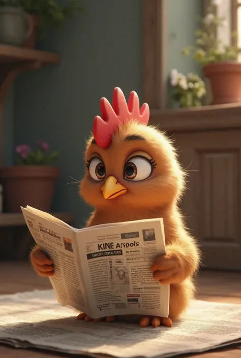 The chicken reads the newspaper and is timid