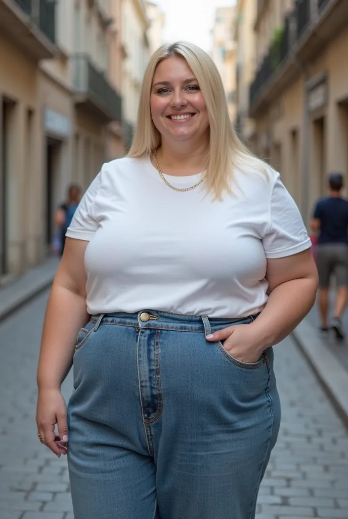 A beautiful morbidly obese busty blonde straight-haired blue eyed woman resembling like a French cinema actress, 21 years old, wearing white t-shirt, and denim trousers, having humongous and enormous tits, fat voluptuous and flabby arms, fat elbows, highli...