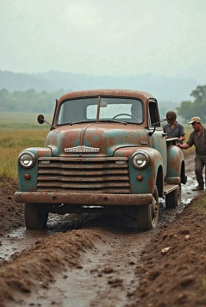 An old pickup stuck in the mud in a country side, being pushed by old men and women, image has a caption "at times the person giving you support might be more broken than you, never feel entitled or underestimate their help they might be ine need than you ...