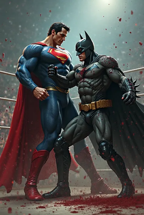 Inside a wrestling ring, Superman kicks Batman in the stomach and face, causing him to bleed.
