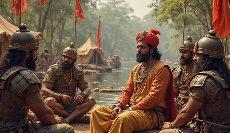 A historical scene set in the year 1689, depicting Chhatrapati Sambhaji Maharaj sitting with his trusted commanders and advisors in Sangameshwar. The atmosphere is tense yet regal, with Sambhaji Maharaj in his traditional Maratha warrior attire, adorned wi...