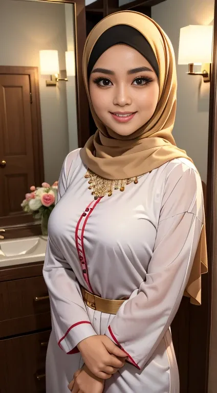 RAW, Best quality, high resolution, masterpiece: 1.3), beautiful Malay woman in hijab (iu:0.8),RAW, Best quality, high resolution, masterpiece: 1.3),detaile facebig gorgeous eyes, Soft smile, big breast, (named) RAW, Best quality, high resolution, masterpi...