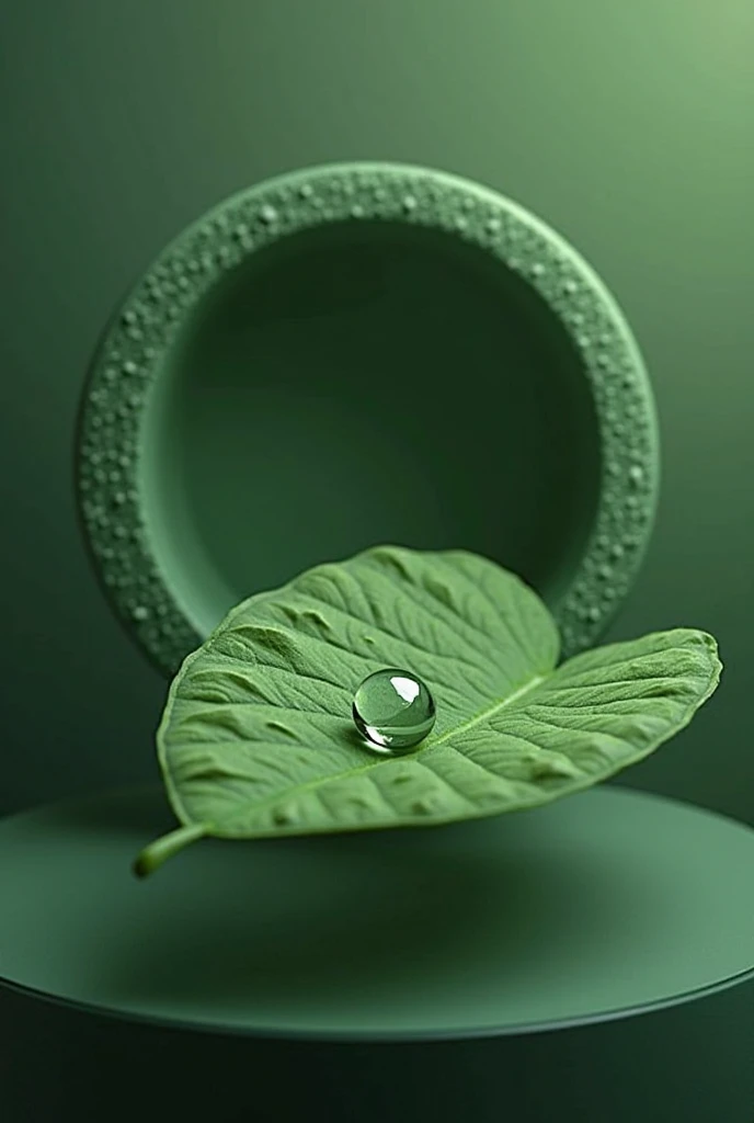 A green leaf with a water droplet and a circular sponge outline.
