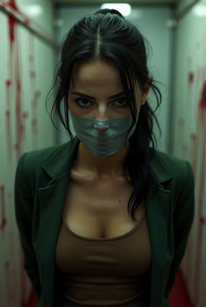 Close image of woman her mouth taped by silver duct tape black hair tied in back wearing brown tank with green business jacket hands hidden in her back in bloody butcher freezer