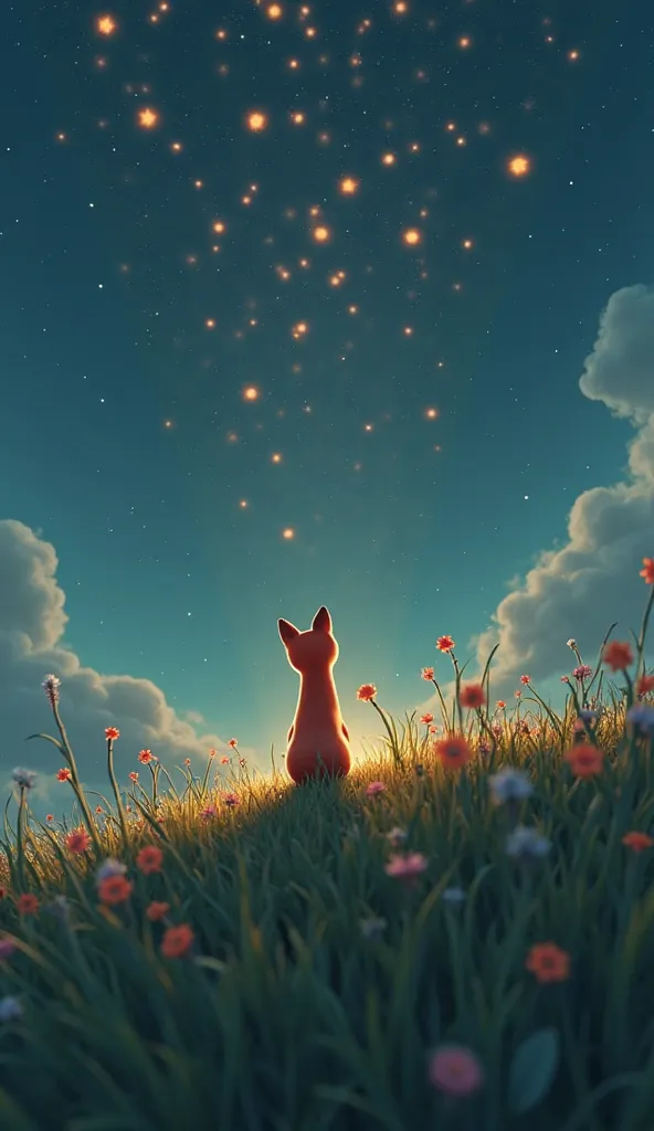 Wide shot of the hilltop, showing [Finn the Fox] surrounded by tall grass and wildflowers. The stars begin to flicker and disappear. Mood: mysterious. Colors: muted blues and greens with glowing orange accents. Art style: dreamy 3D animation.