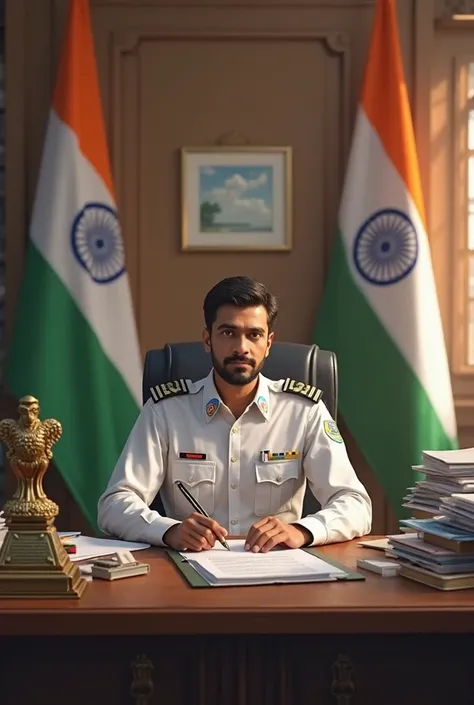 Create a image assistant section officer of Delhi sit in his desk with indian flag and ashok stambh doing his work