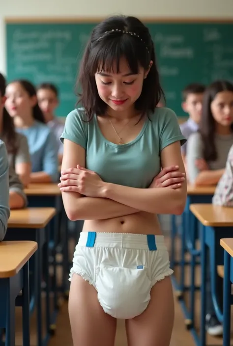 Realistic 18 years girl embarassed and humiliated, beacause she wear only real plastic diaper at school in the presence of classmates