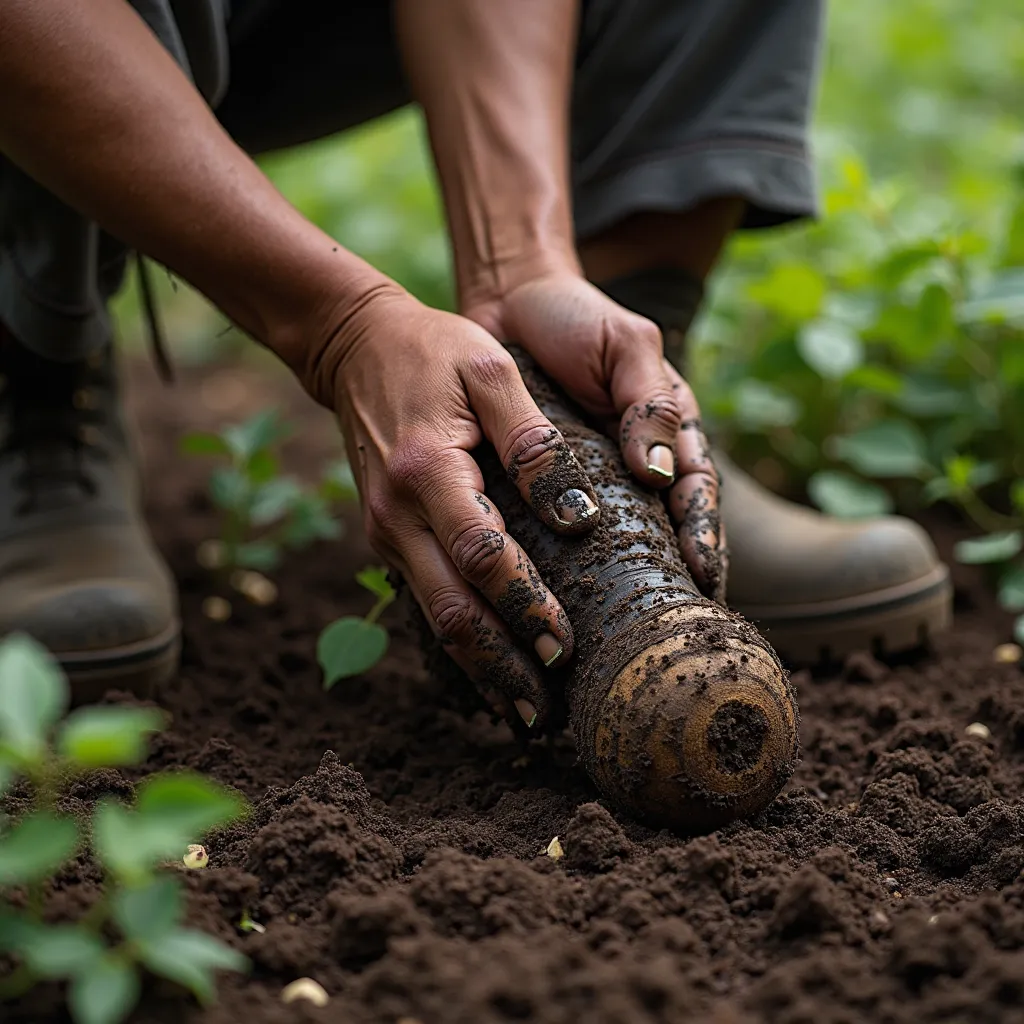 A Thai farmers carefully unearth Enkleia Thorelii root by hand. show case the plant with large long dark brown root only his dirty hands with soil and the boots are seen.