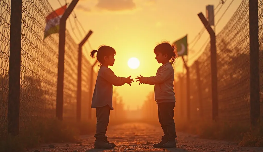 
"Create an emotional and thought-provoking scene where two ren, one from Pakistan and one from India, stand on opposite sides of a border fence. Their faces reflect innocence, curiosity, and a longing for friendship. They reach out their hands towards eac...