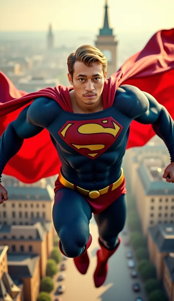 **A full-body shot of a superhero inspired by Superman, flying dynamically towards the camera with one arm extended forward, wearing a custom German-themed superhero suit. The suit is black, red, and gold, representing the German flag, with bold, angular p...