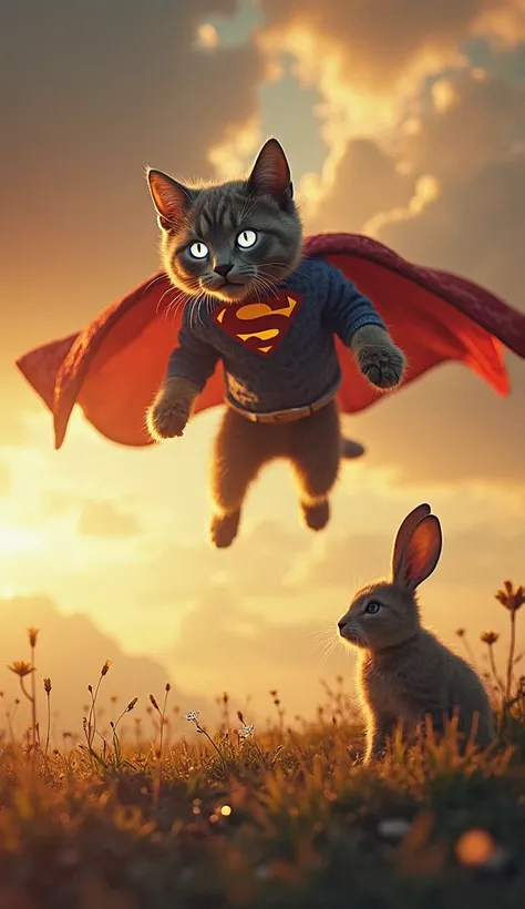 The heroic Superman cat hovering in mid-air, spotting the helpless rabbit from a distance. Its eyes glow as it prepares to act. The background shows a dramatic view of the sky, with golden sunlight breaking through stormy clouds.