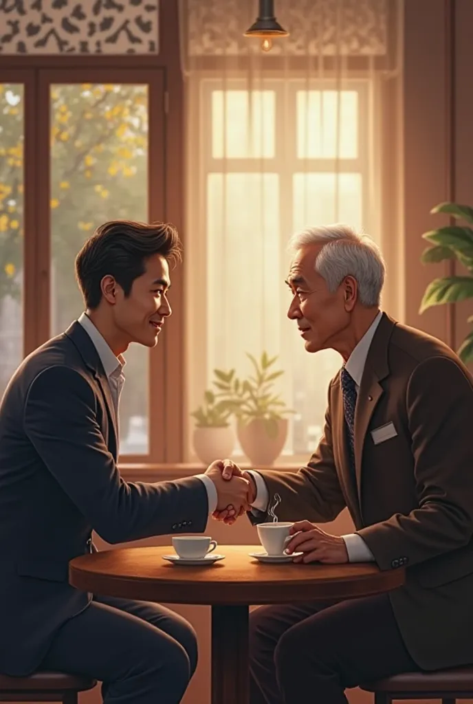 Asian man shaking hands with an elder man in warm café with coffee on table