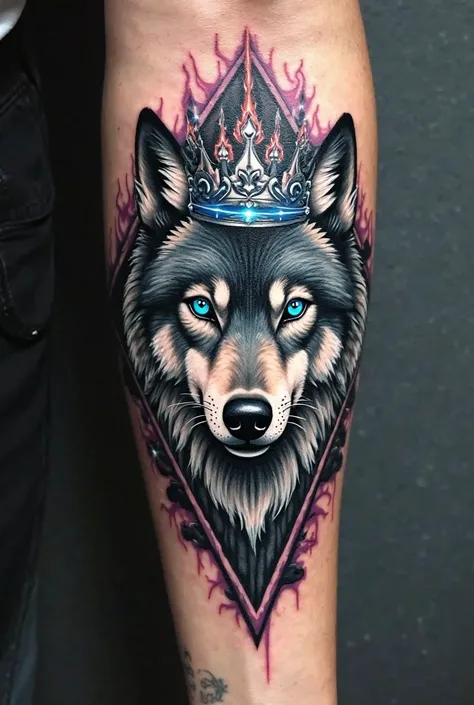 Photograph of a tattoo on the forearm in sketch style,  of a wolf wearing a silver king's crown with a dominant aggressive look, Of blue eyes, expelling rays of light through the eyes,  The design is in black and white, all over the body and deep blue eyes...