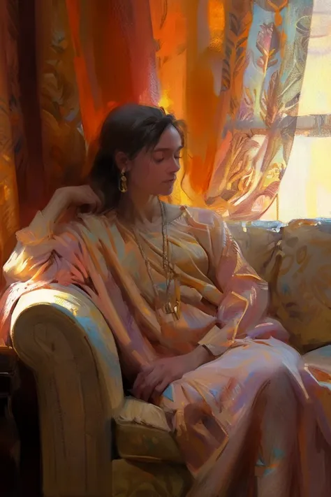 pastel painting,Ruth the woman of the bible in emotional state)imperssionistic oil painting,female figure,highly detailed fine art,sitting on sofa ,dramatic lighting,warm color palette,cinematic composition,,ornamental curtain
