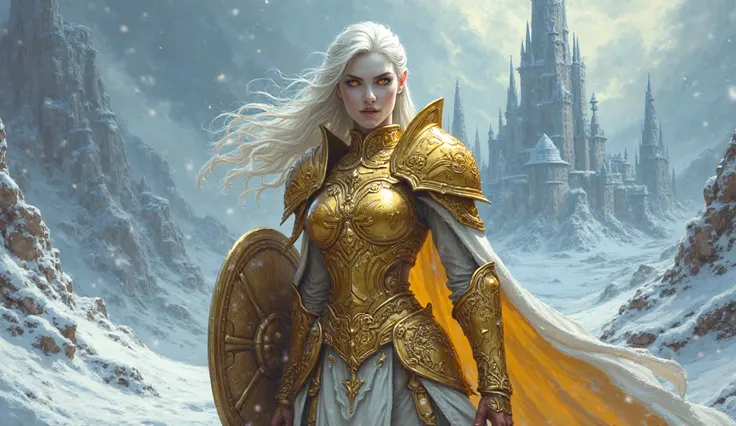 Female draenei holy paladin full body, white skin, gold armor, Wrath of The Lich King 