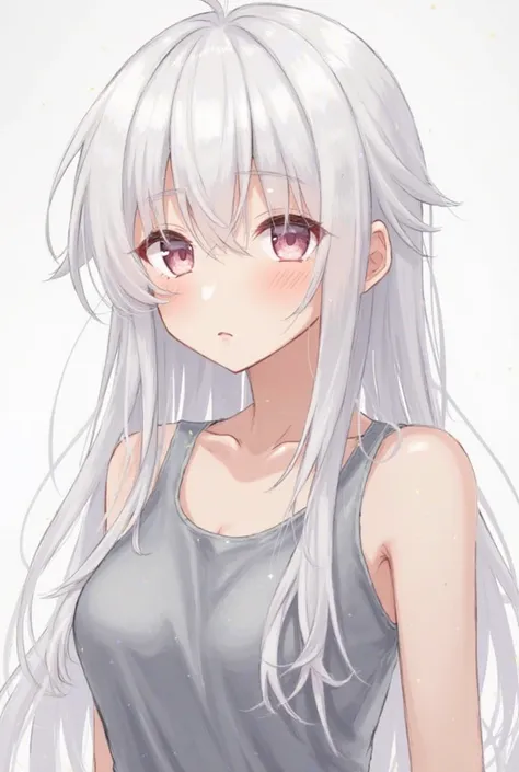 Anime girl with her hair is long white and flowing in loose locks with some subtle waves.  The bangs are irregular , with strands of different lengths falling on the forehead. Some strands are separated from the rest