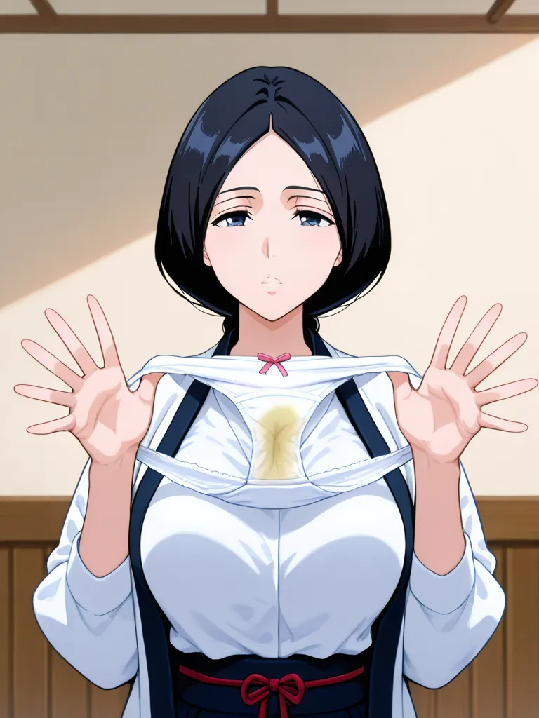 Retsu Unohana, clothed, (fit situation), glamorous, leggy, chunky legs, curvy, (upper body), {{{holding out Stained panties}}}, vaginal discharge stain There are stains of vaginal discharge and urine, which look smelly, {give panties},present for viewer,{{...