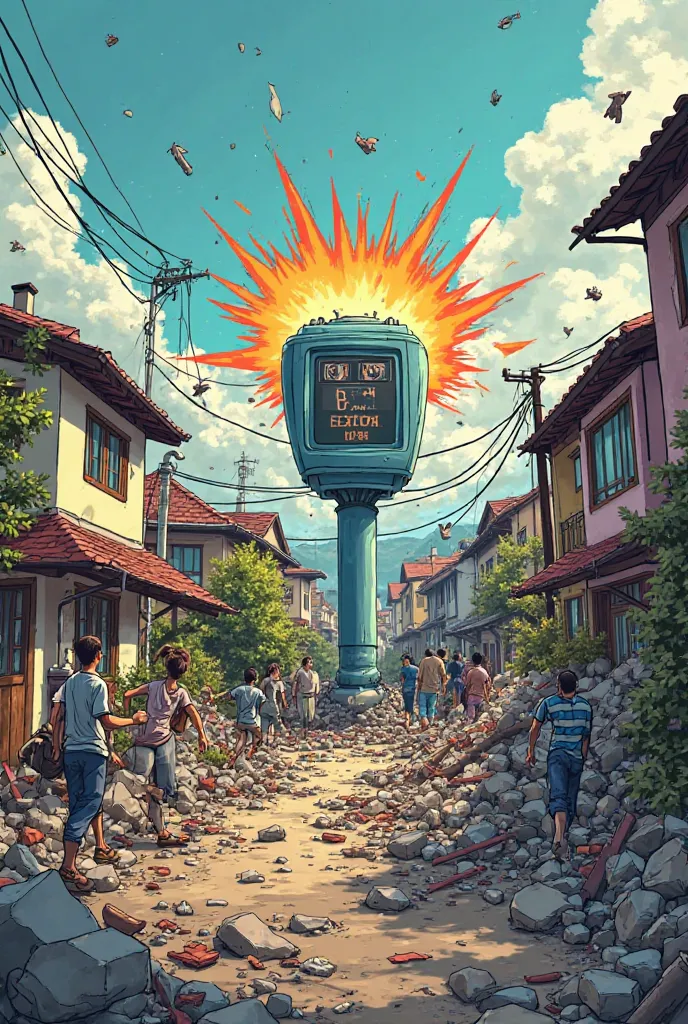 Earth quake detector device detecting earth quake so there are very less people running around and the houses are crashing and breaking in comic style 