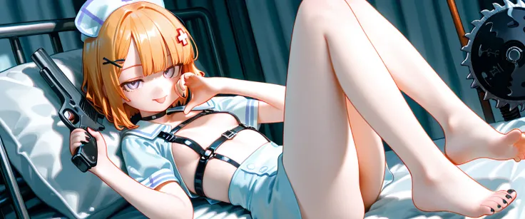 1girl, lavender eyes, jitome(0.5), Orange Blonde hair, straight short bob hair cut, Asymmetrical bangs, Bangs that cover one eye, hime cut, flat Breast, black cropped top, dark nurse, flower pettern, Choker, bare legs, foot, toenails, black nail polish, dy...