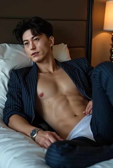 Full body photo, top view, looking at camera, whole body shot, laying on the bed, 

Handsome korean man laying on a bed with his shirt open, sexy muscular body, with abs, attractive body, chiseled abs, muscular male, exaggerated muscle physique, muscular b...