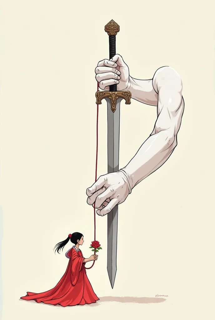 cartoon two white hands with lower hand bigger and more masculine holding a scimitar and other smaller and more simple yet soft looking holding a flower decorated sword connected by the red string theory, I want no colouring and very less detail