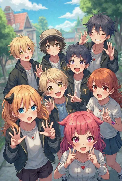 group of boys and girls, anime style