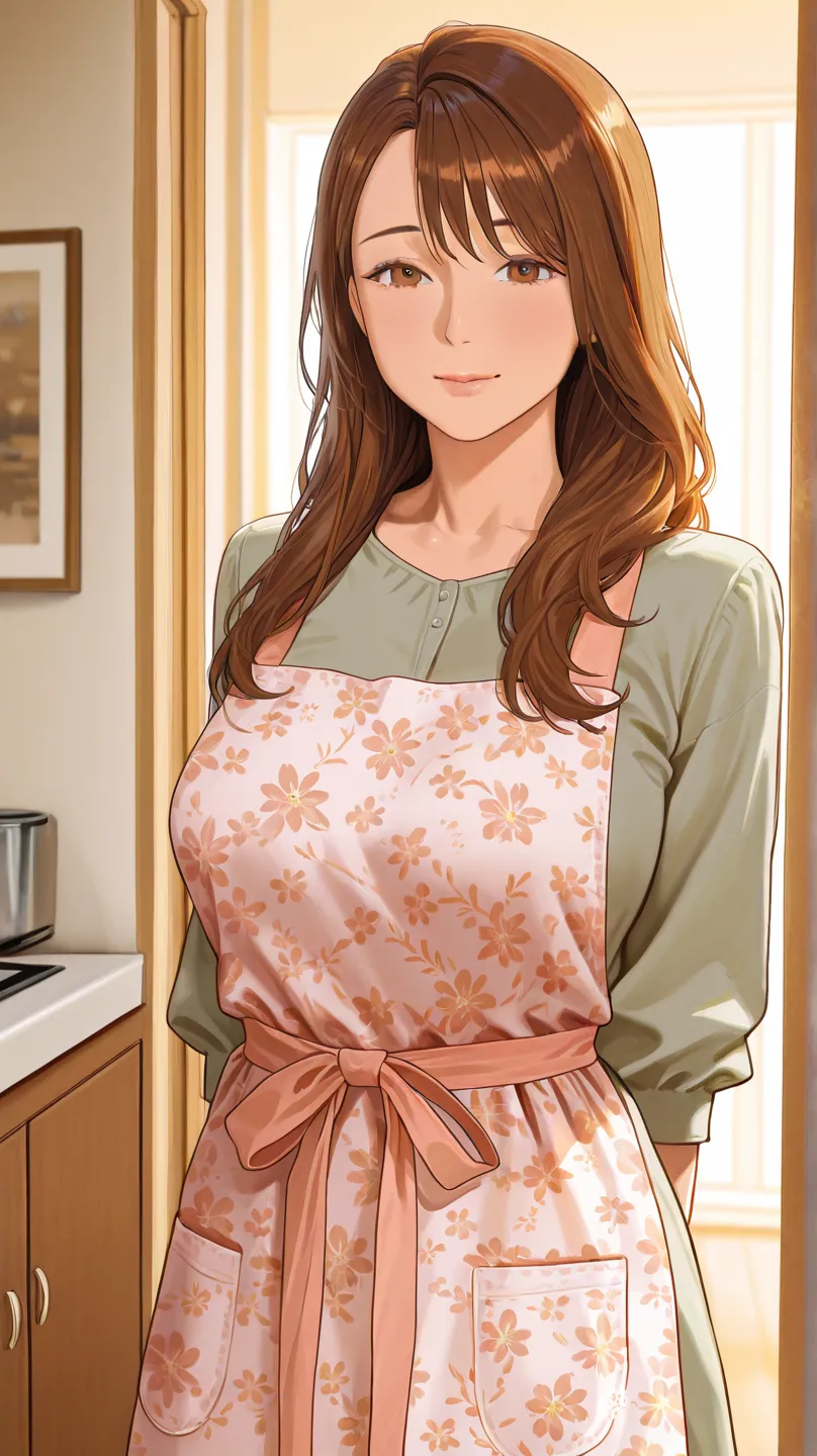  standing picture、Side-tied 、 Hair、 brown eyes、Mature Woman、apron、 apartment、full body