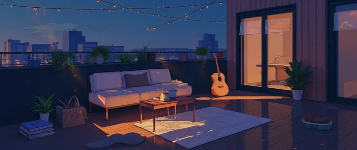 Rooftop at night、nighttime scene、outside of house、with no people、Calm and meditative atmosphere、houseplant、Lo-fi atmosphere、String Light、Cozy sofa、Hot coffee on the coffee table、Warm blanket、 books、There is an acoustic guitar、