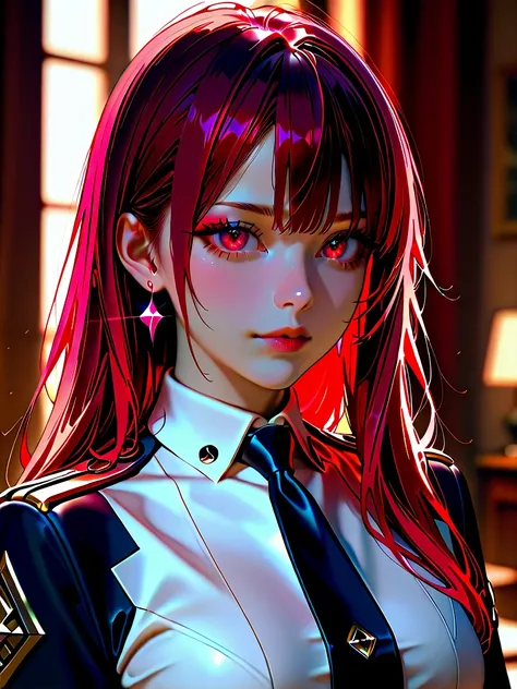 A woman with long, purple-red hair, red eyes, beautiful sparkling eyes, a beautiful face, wearing a black Academia uniform.