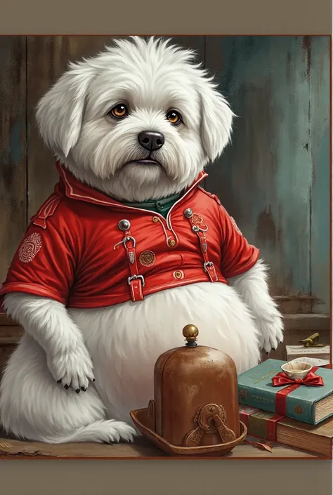  A very fat white dog is wearing a red jersey showing his big belly、Realistic and detailed photos, A short Azure ,   Hind legs２Standing with a book