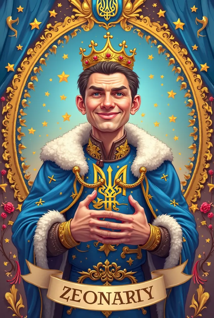 Cartoon meme Bild mit Volodymyr Zelenskyy, as king, with crown, surrounded by Ukrainian symbols, with a circular inscription “Volodymyr Zelenskyy”.