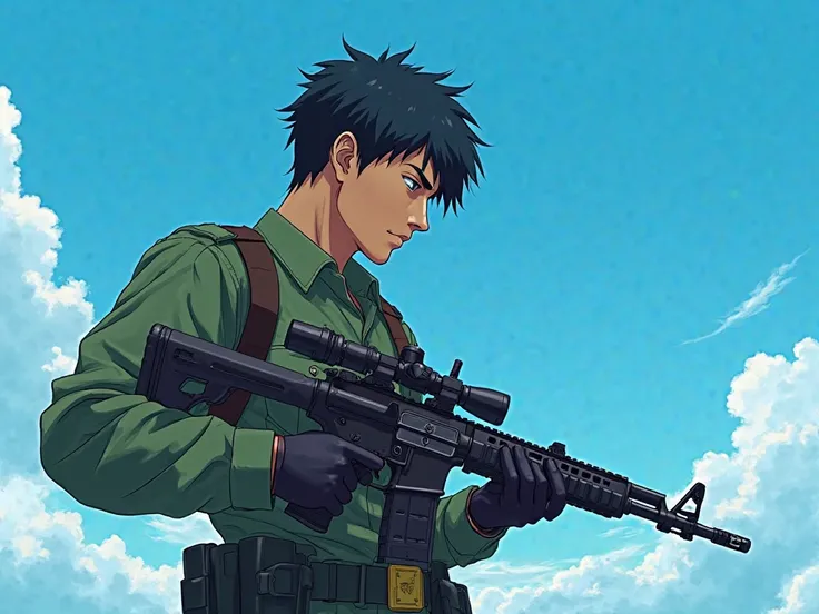  Anime style. Anime guy 25 years old with black hair. It's against the blue sky. The guy is wearing a military uniform and holding a weapon in his hand. He's aiming. A guy with a serious face