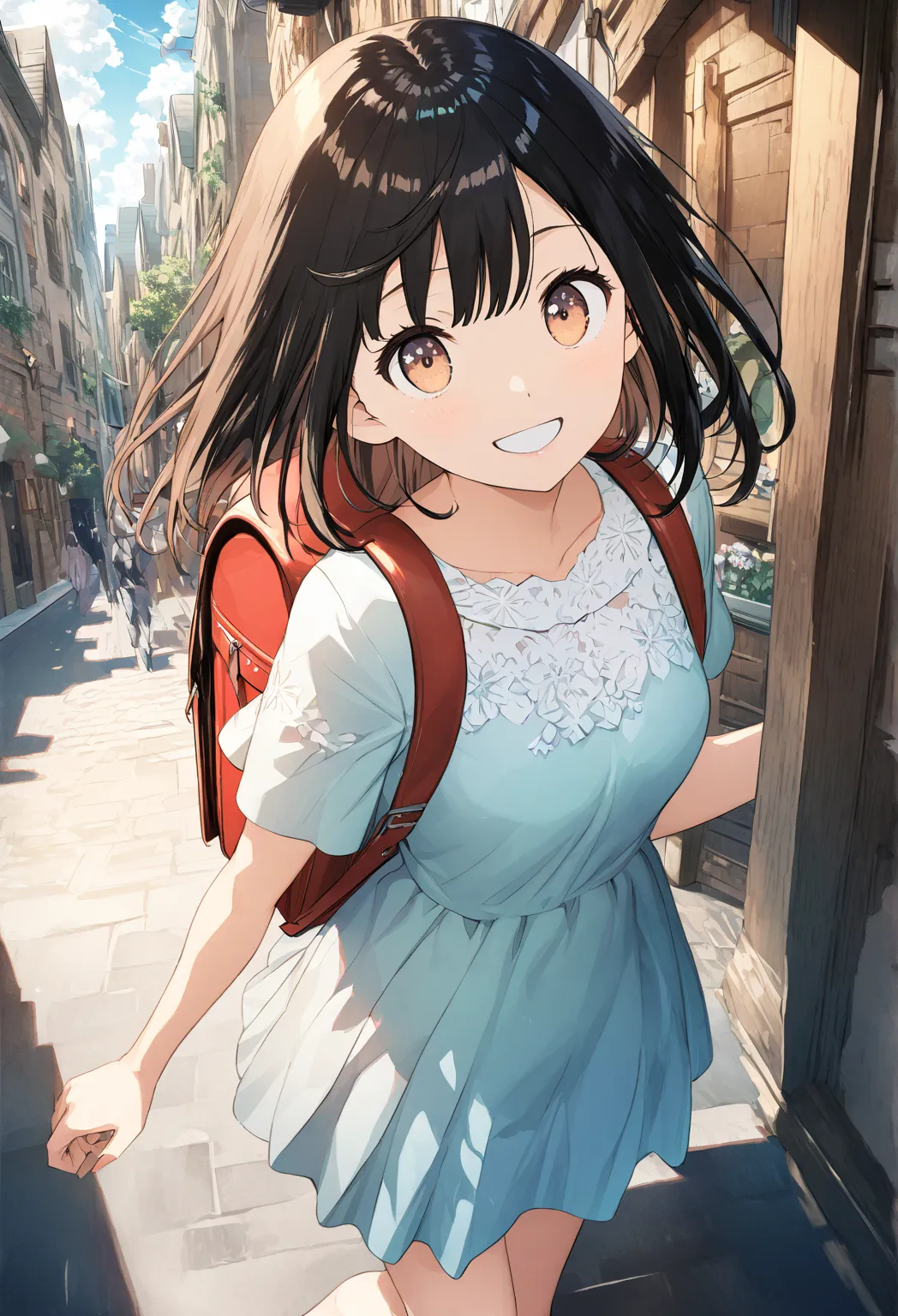 so cute、(Super Detail)、Highest quality、8k、one girl、dynamic angle、smile、Noise Reduction、high resolution、Super Detail、 game cg、 Dutch angle、beautiful details、 visual art、Five Fingers、 perfect hands、 Walking 、red backpack、( very short)、Exterior cityscape 、 ae...