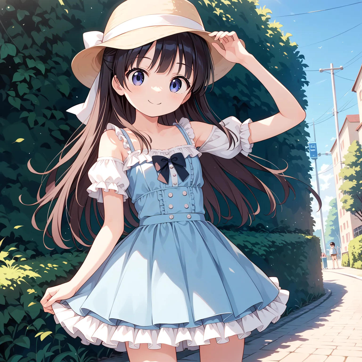 (masterpiece, best quality:1.4), (8k, ultra-detailed, anime style:1.2), cute young girl,  bright  background,(anime:1.3),frilled camisole, frilled skirt, outside, , smile ,loli, little, ultra cute kawaii:1.6),cowboy shot ,closed mouth 