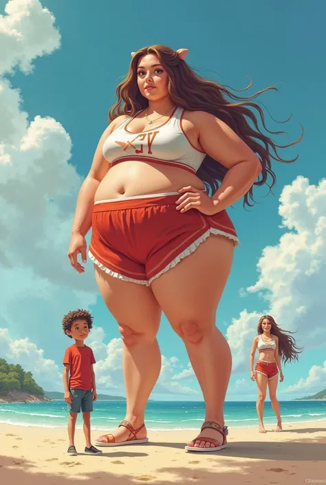 A 17-year-old obese girl is a cheerleader she is XXL format friendly smile she is huge the girl is a giantess as big as a four-story house next to her is a 16-year-old boy he is tiny little for the girl the girl is very cute beautiful long hair standing on...