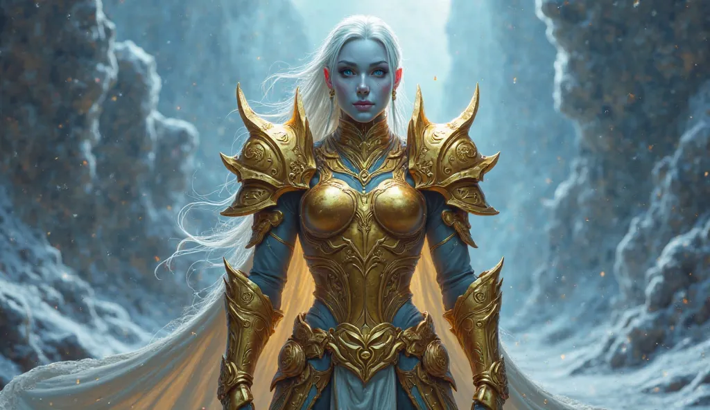 Female draenei holy paladin full body, white skin, gold armor, Wrath of The Lich King draenei not human