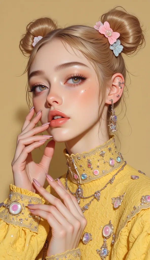 8k, masterpiece, highest quality, Korea's Beautiful Women, Kawaii style, blonde hair in buns, pastel hair accessories, bright blue eyes, rosy cheeks, colorful makeup, yellow lace top, pastel jewelry, decorative nails, soft lighting, beige background, youth...