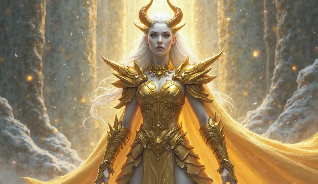 Female draenei holy paladin full body, white skin, gold armor, Wrath of The Lich King with horns and arched body