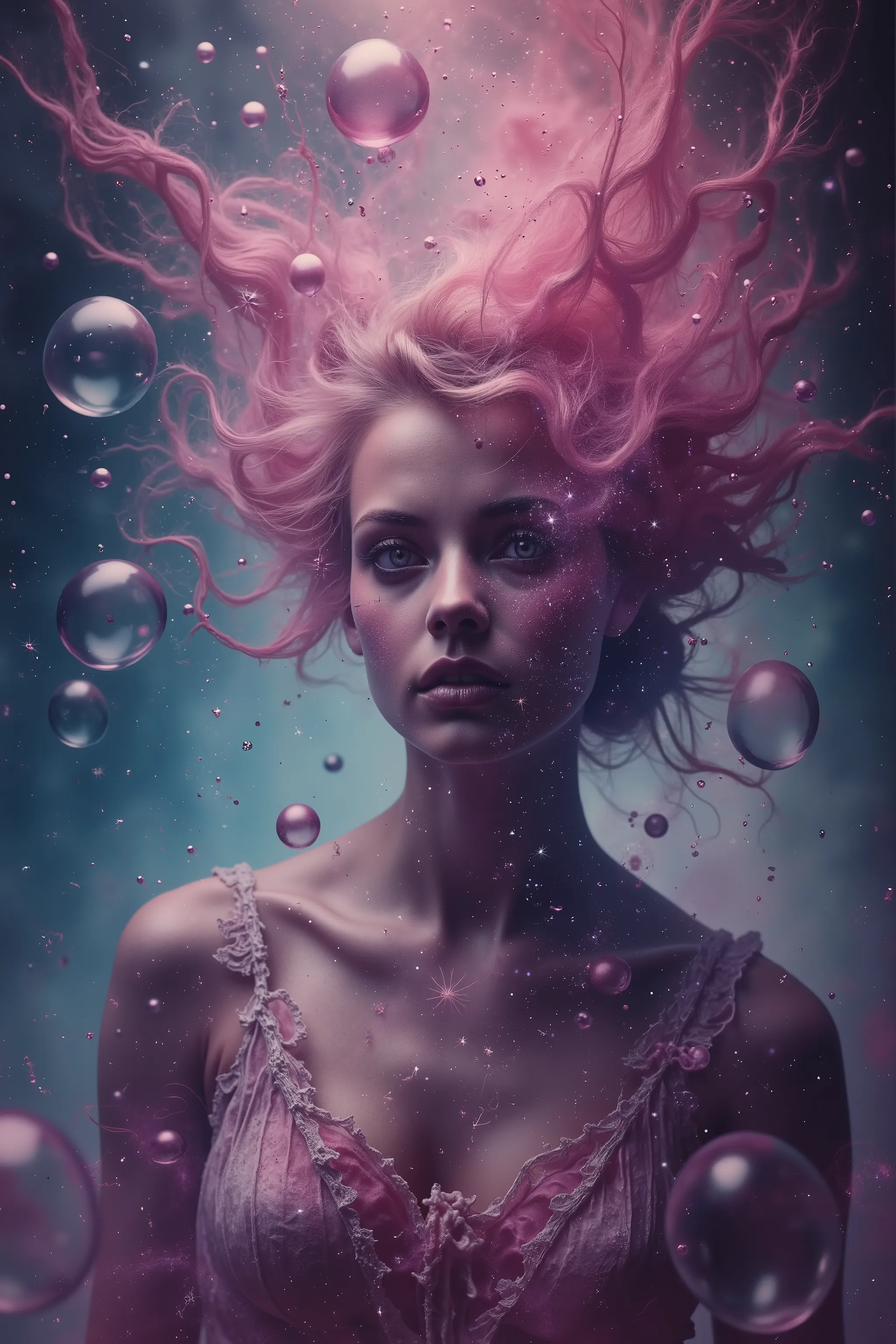 LSD, DMT imagery. octane render. Bright neon bright colors, A beautiful woman is created in a prompt. The new life breaks out and is born, spilling into the universe Bubbles and spheres glow and reflect.  Ultra detailed, ultra realistic,Pixel Assets,Portra...