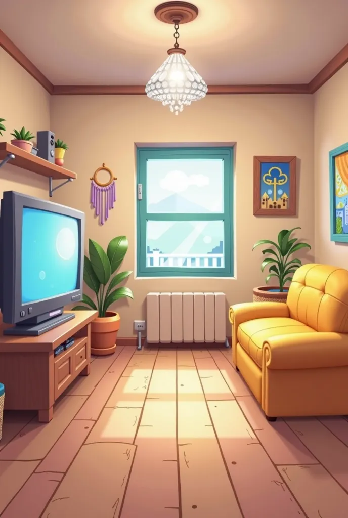 Cartoon style, cute cartoon game scene design, simple interior, wooden floor on the ground, sofa with pillows on the right side, complete TV on the left side, glass crystal chandelier on the ceiling, bright colors and casual style, reminiscent of the aesth...