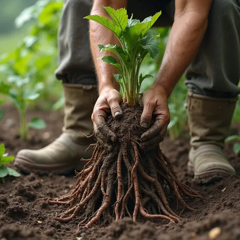 A Thai farmers carefully unearth the freshly Enkleia Thorelii plant by hand. show case the plant with large long "2 feet" dark brown root only his dirty hands with soil and the boots are seen.