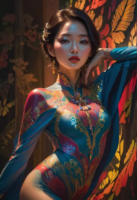 a beautiful korean female model, intricate body painting, elegant posing, dramatic lighting, high quality, 8k, chiaroscuro, cinematic, dramatic shadows, glowing skin, lush colors, dreamlike atmosphere