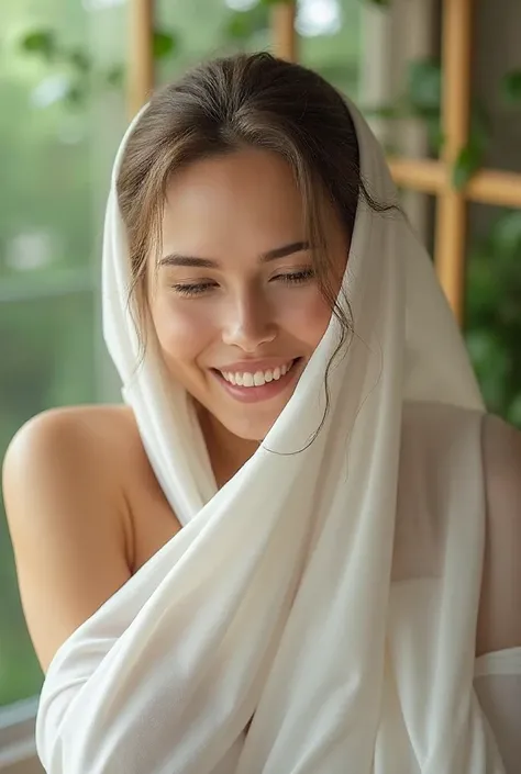 Her putting on a white cloth smiling 