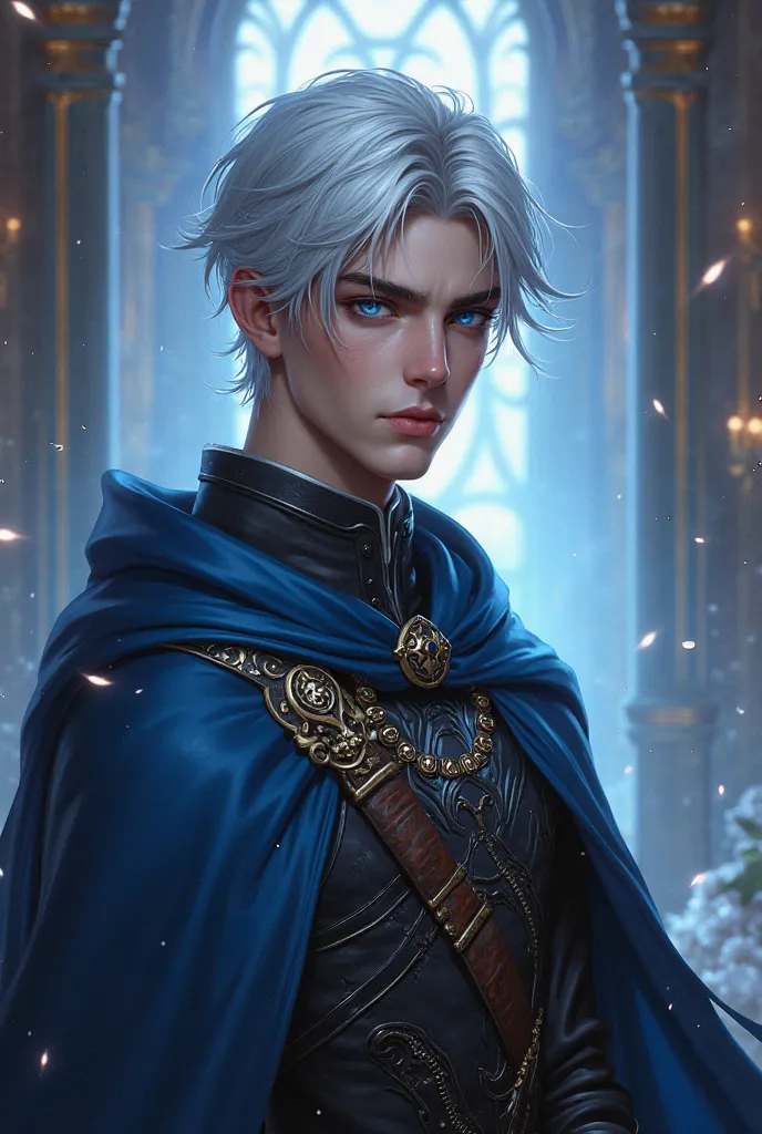 Blue eyes with silver hair, Young, handsome, decadent looking male paladin 2D character, I have bangs and the length of my hair doesn't go beyond my neck. Glow Clue